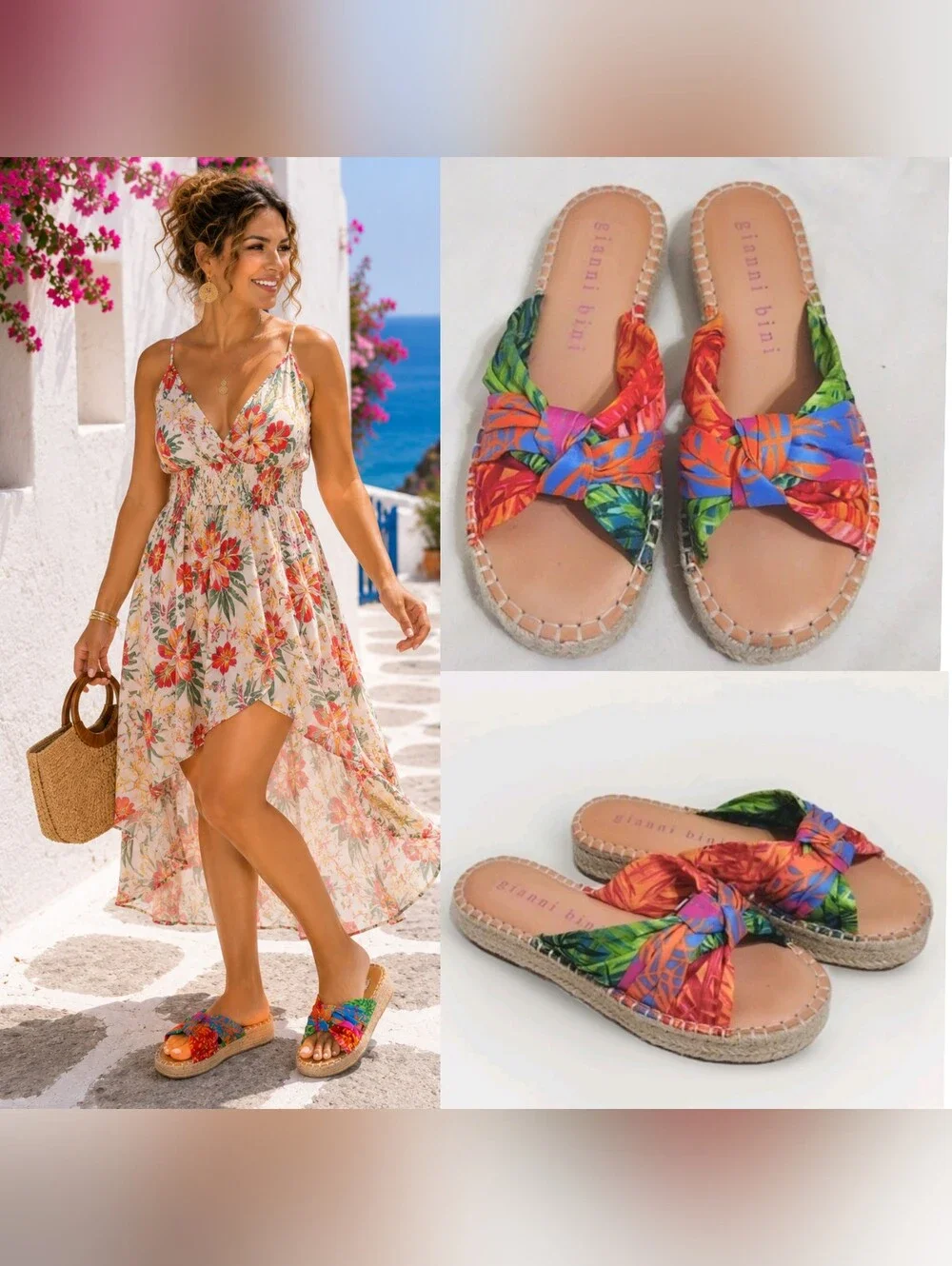 Gianni Bini Tropical Print Knotted Espadrille Platform Slide Sandals US 6 Resort